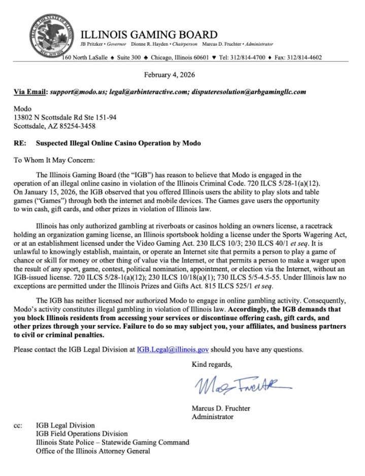 The “cease and desist” letter sent earlier this year to Modo by the Illinois Gaming Board.Illinois Gaming Board